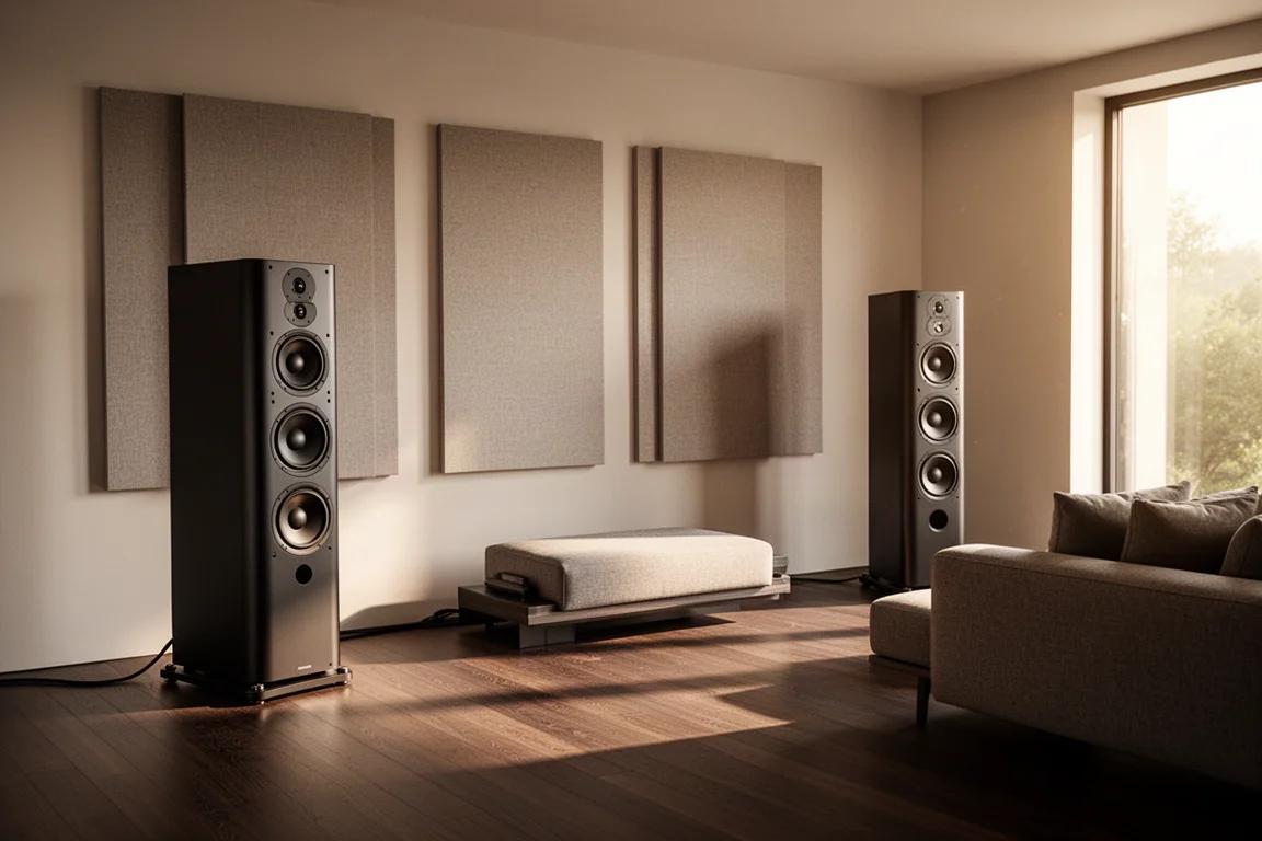 Dos altavoces de torre modulares en una sala de escucha moderna con paneles acústicos de pared