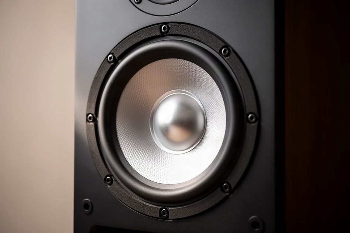 Primer plano de un woofer de cono de aluminio grande en el gabinete de un altavoz de suelo