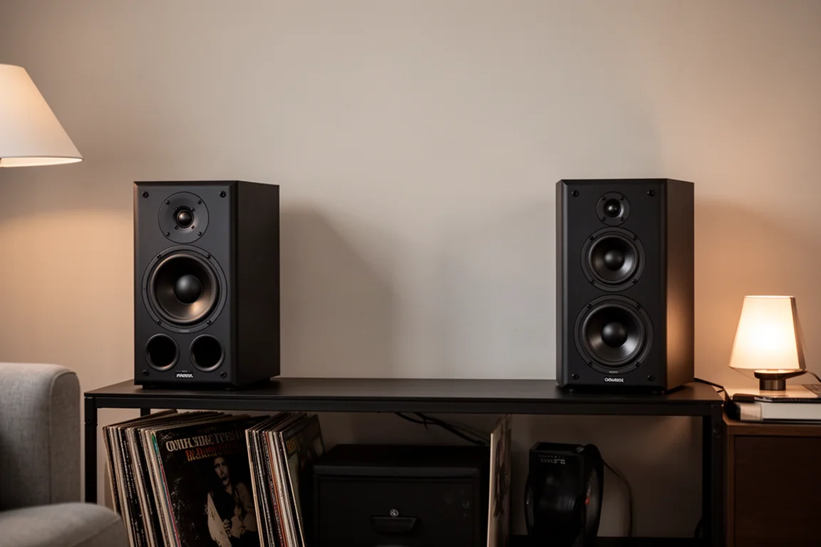 Altavoces de torre amplificados compactos en una sala de estar pequeña con discos de vinilo cerca
