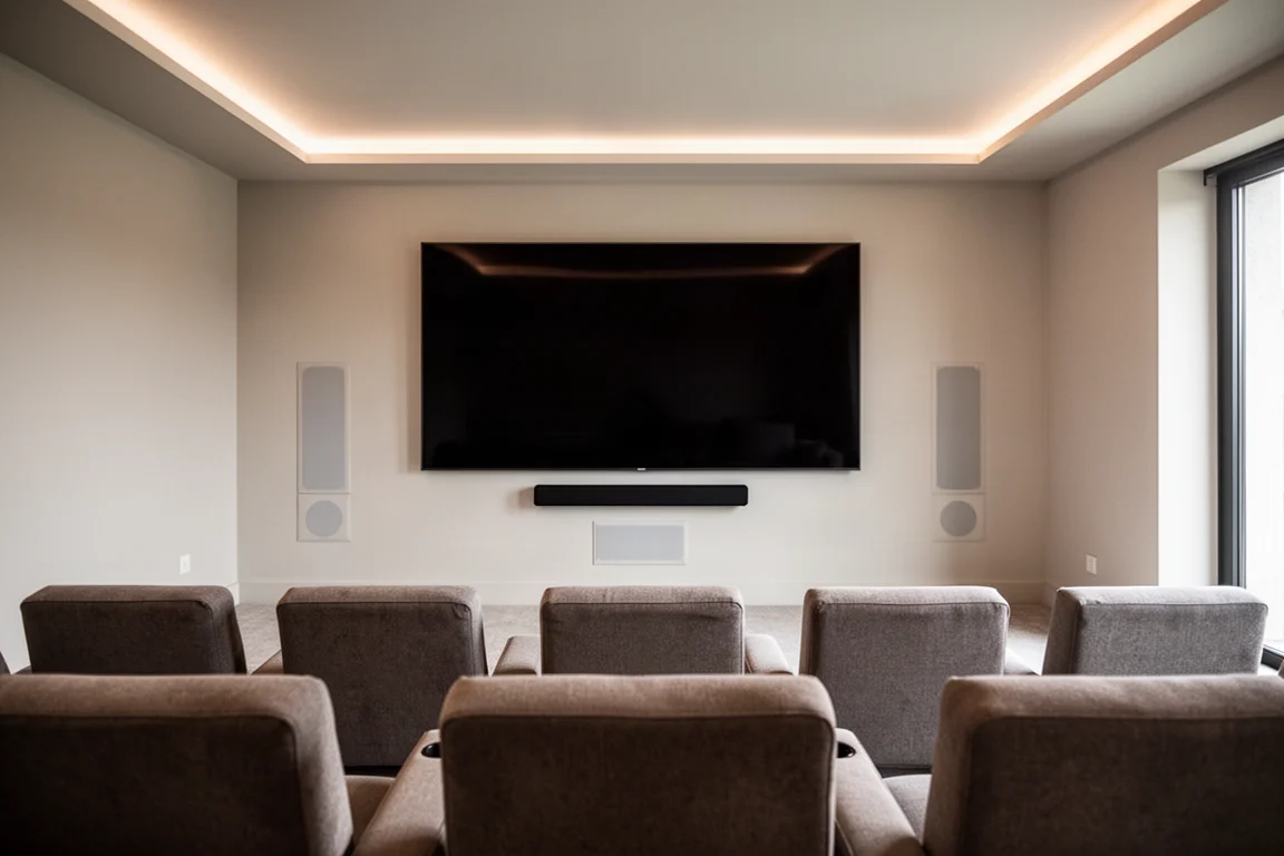 Sala de cine en casa con una pantalla plana grande y una barra de sonido delgada debajo