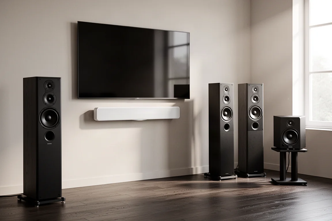 High-end home audio speakers arranged in a modern listening room with a flat panel display