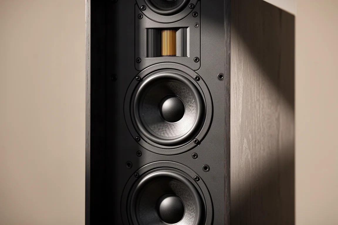 Detalle en primer plano de tres conos de woofer y un tweeter de cinta con la rejilla retirada