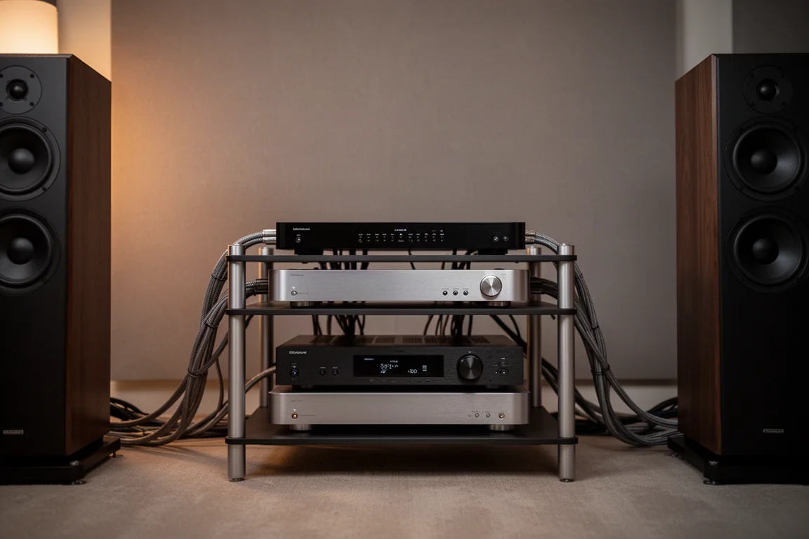 Rack de equipos con un amplificador multicanal y un receptor AV conectados a altavoces de suelo