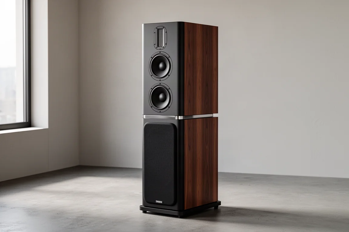 Tall two-piece RBH SVTR floorstanding speaker with monitor and subwoofer modules on a concrete floor