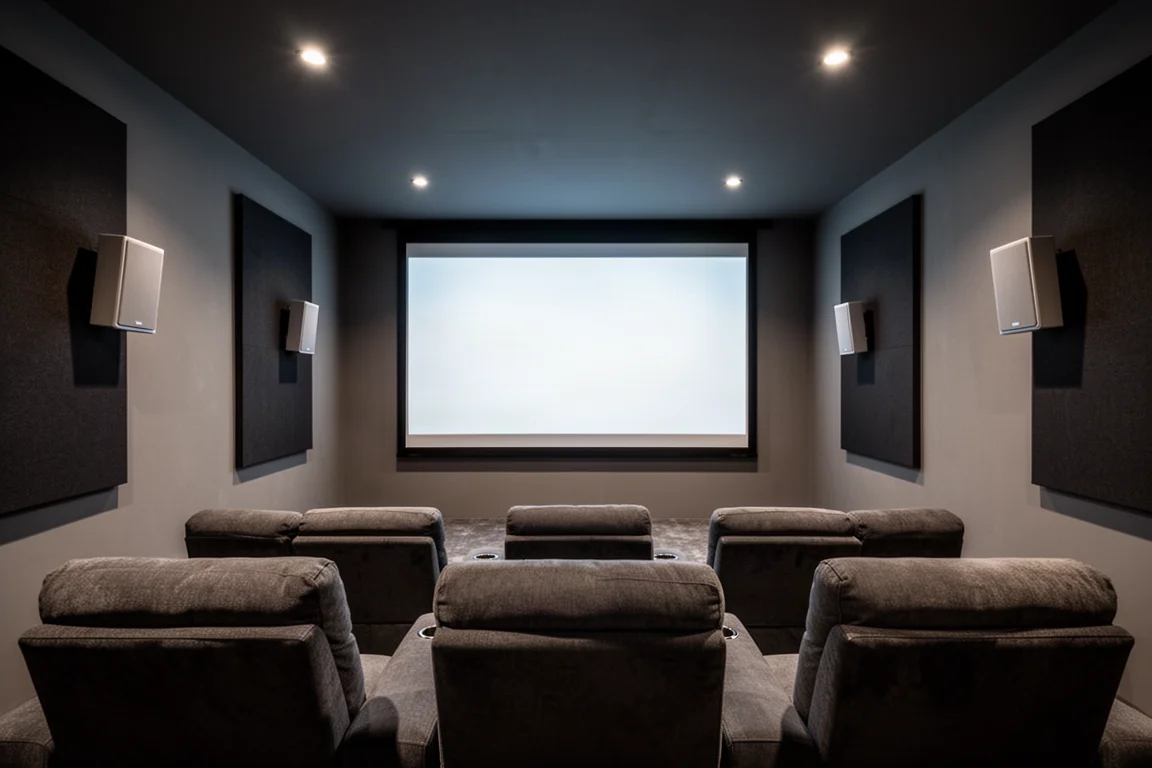 Home theater seating area with side-wall surround speakers and dimmed ambient lighting