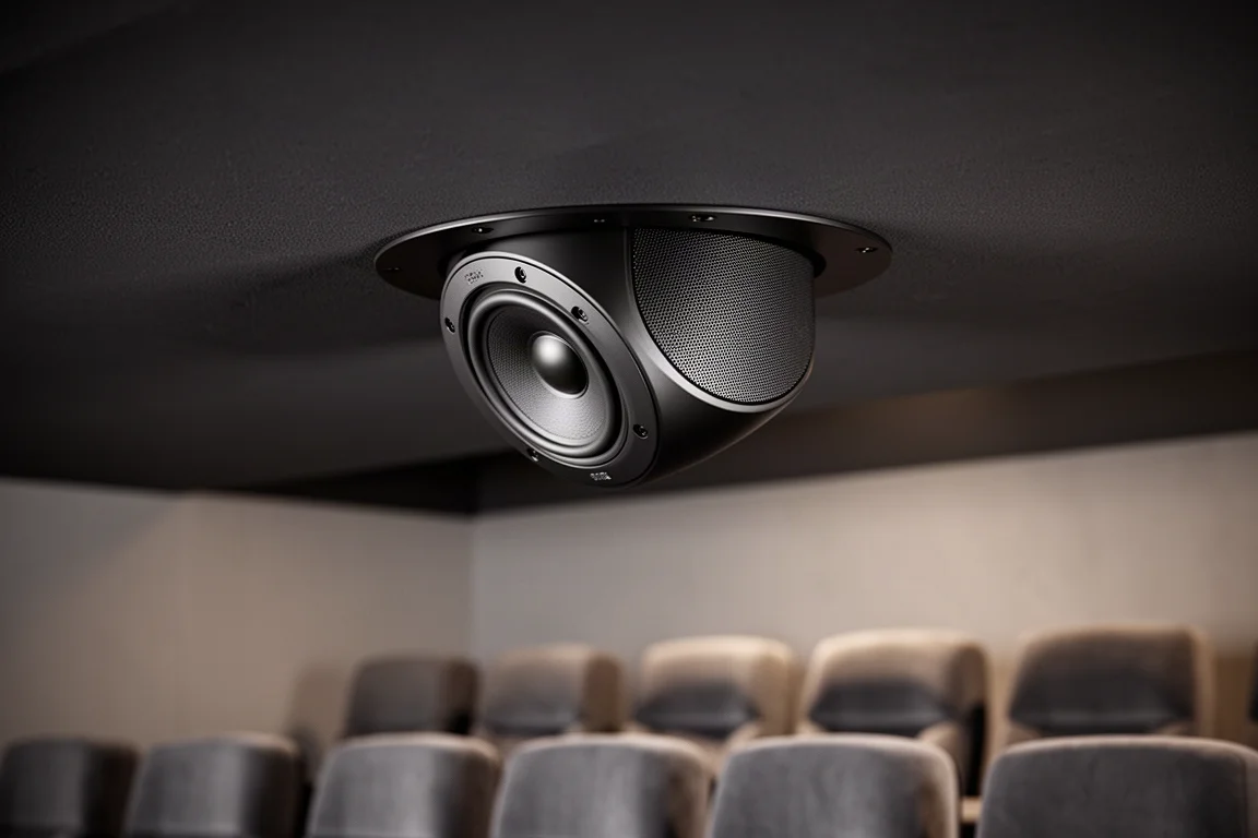 Round in-ceiling speaker with angled baffle set into a dark ceiling above seating