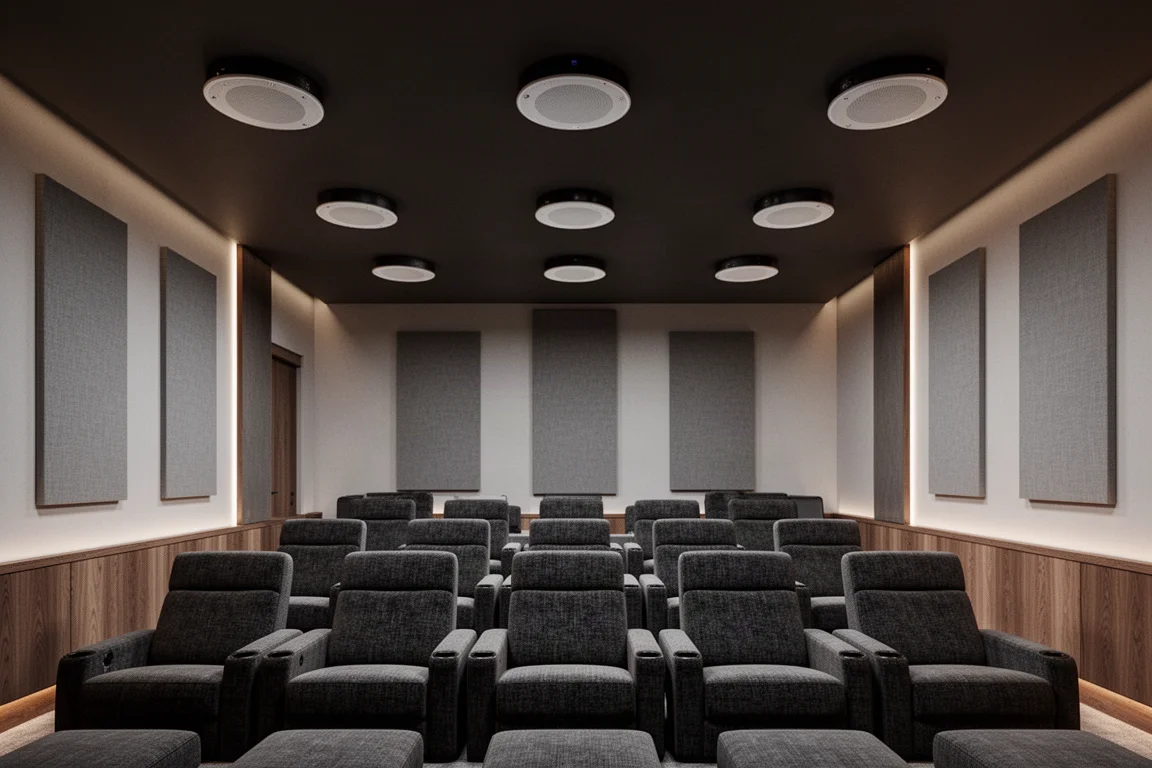 Large home theater room with six in-ceiling speakers arranged in rows above seating