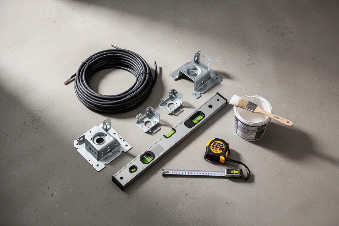 Overhead flat-lay of speaker cable, mounting brackets, and a spirit level on concrete