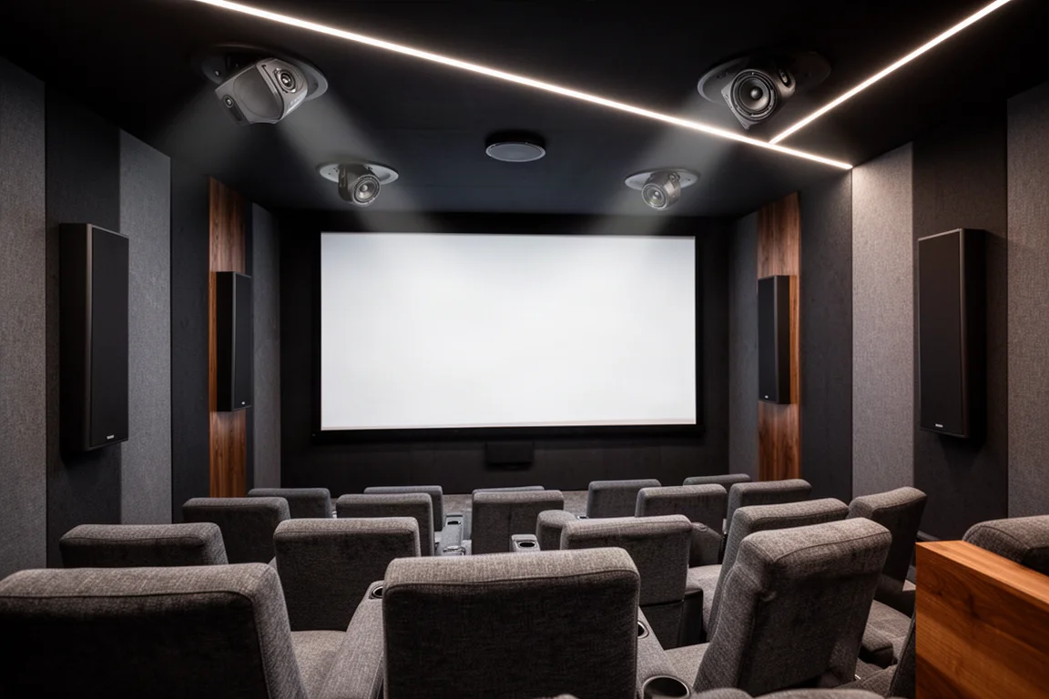 Home theater room with on-wall surround speakers and angled in-ceiling speakers overhead