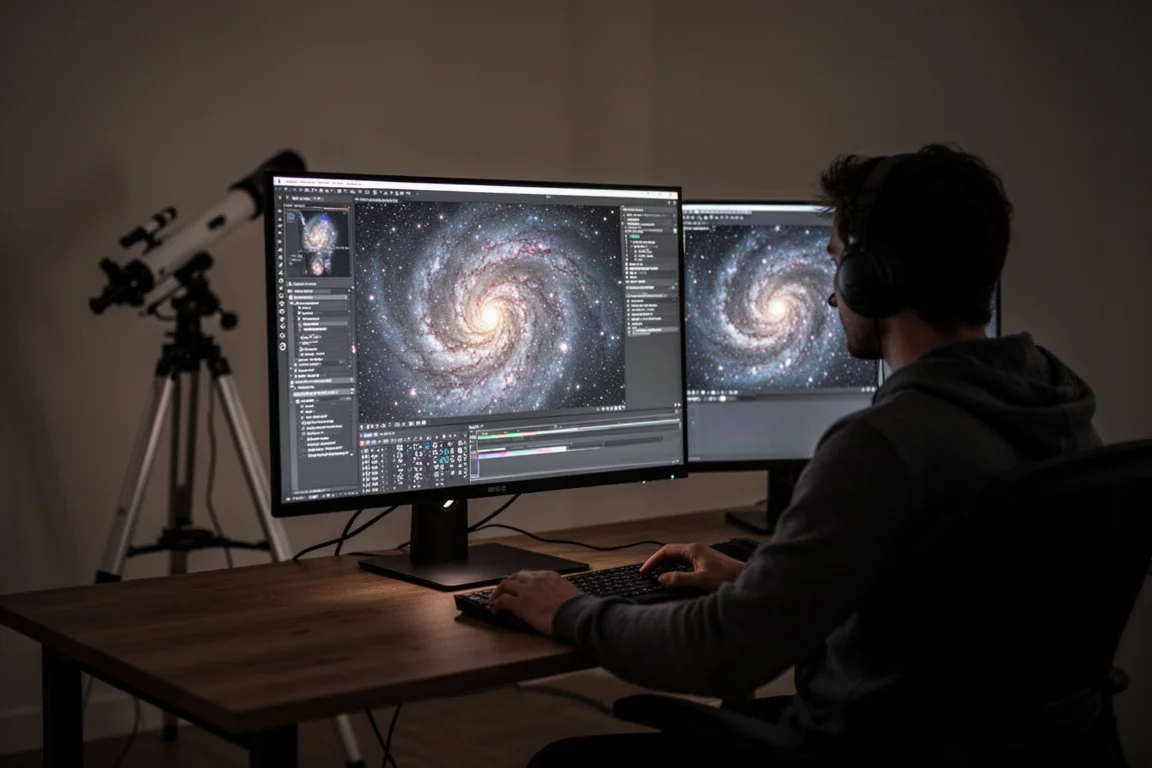 Astrofotograf vid en dator som behandlar en galaxbild i ett dunkelt rum