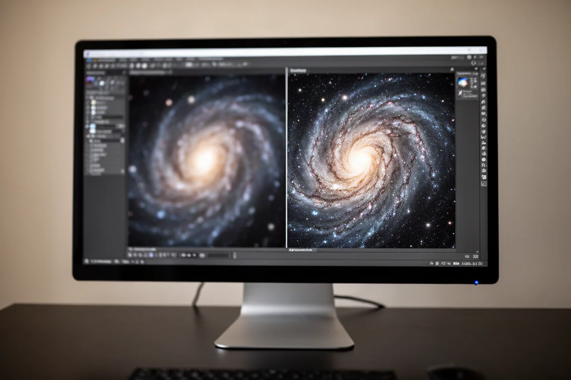 Närbild av en datorskärm som visar en skärpt galaxbild med före- och efterpaneler