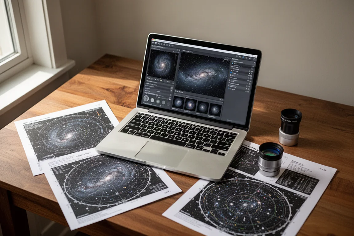 Arbetsyta för astrofotografering med en bärbar dator och stjärnkartor på ett träbord