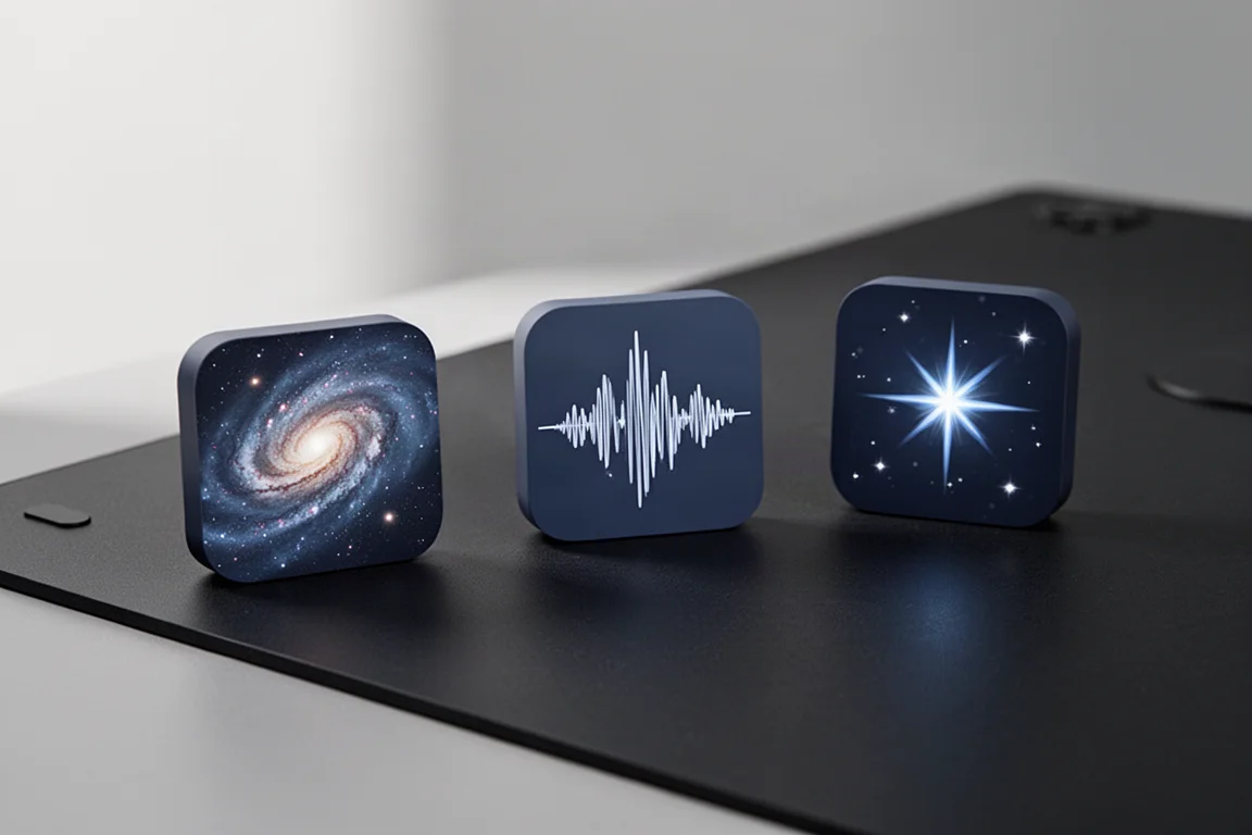 Tres iconos de herramientas de software de RC Astro sobre una superficie oscura mate