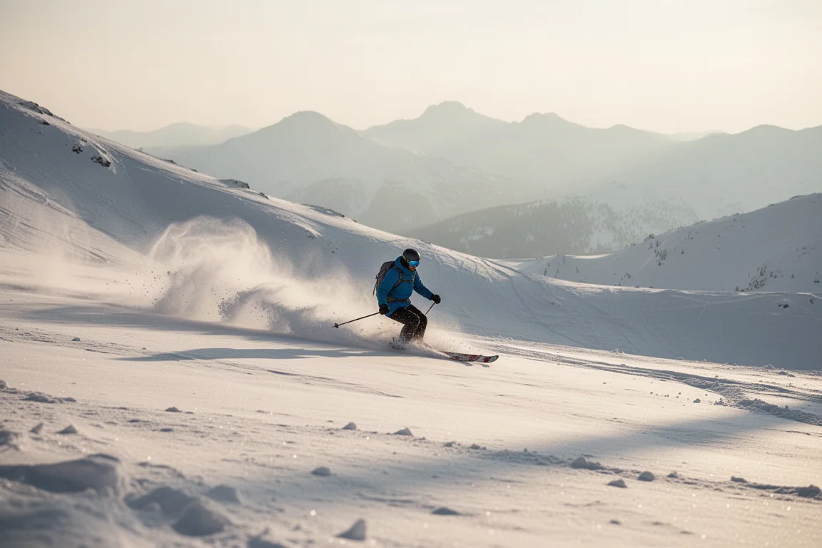 Esquiador flotando sobre nieve polvo profunda con luz suave de tarde