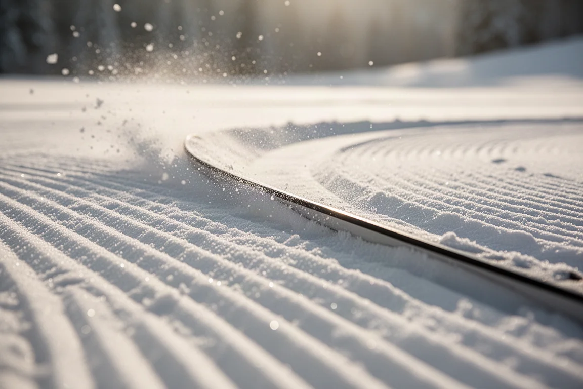 Primer plano de cantos de esquí trazando un arco limpio sobre nieve pisada