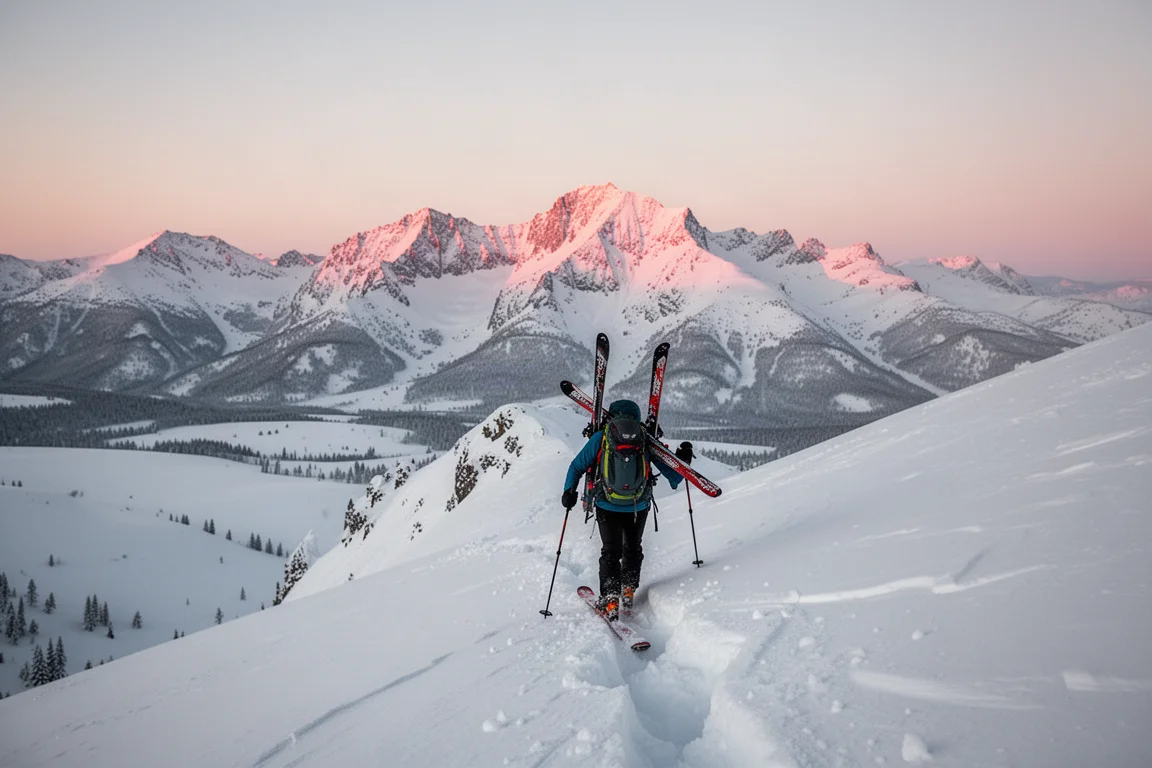 Esquiador de travesía subiendo a pie una cresta nevada al amanecer