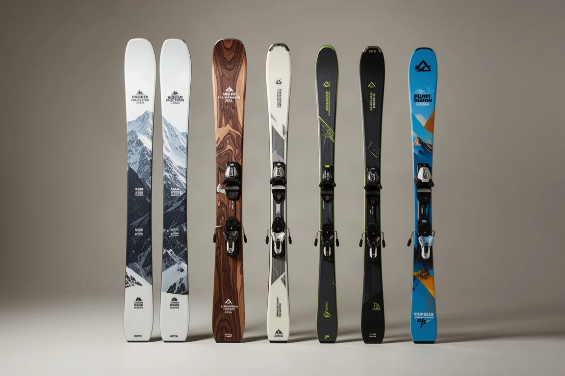 五款不同的雙板滑雪板在攝影棚內直立排成一列
