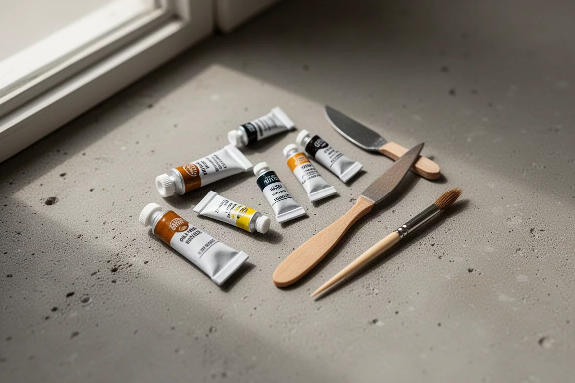 Petits tubes de peinture à l'huile faits main et une petite couteau à palette miniature disposés sur une surface neutre