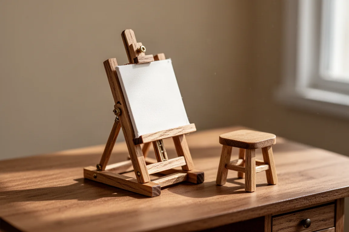Un chevalet miniature en bois tenant une petite toile dans un atelier doucement éclairé