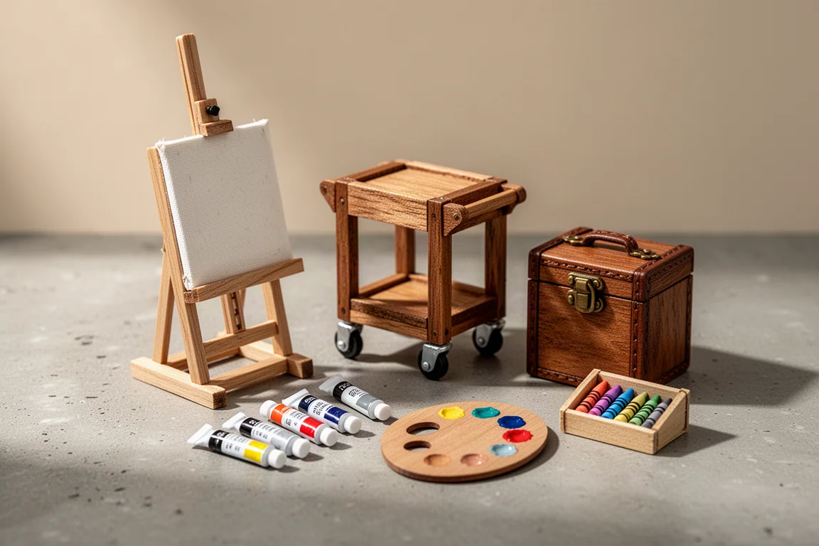 Materiali artistici in miniatura fatti a mano, tra cui un cavalletto, un carrello, tubetti di colore e pastelli su una superficie di cemento