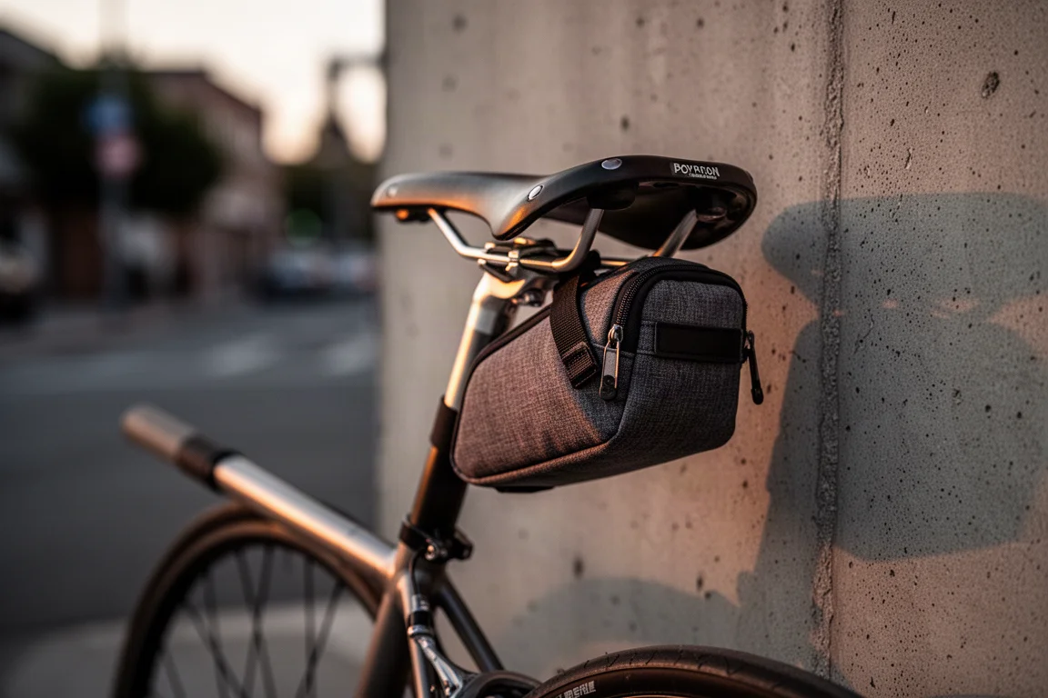 Bolsa de sillín pequeña en forma de cuña montada bajo un sillín de bici al atardecer contra un muro de hormigón