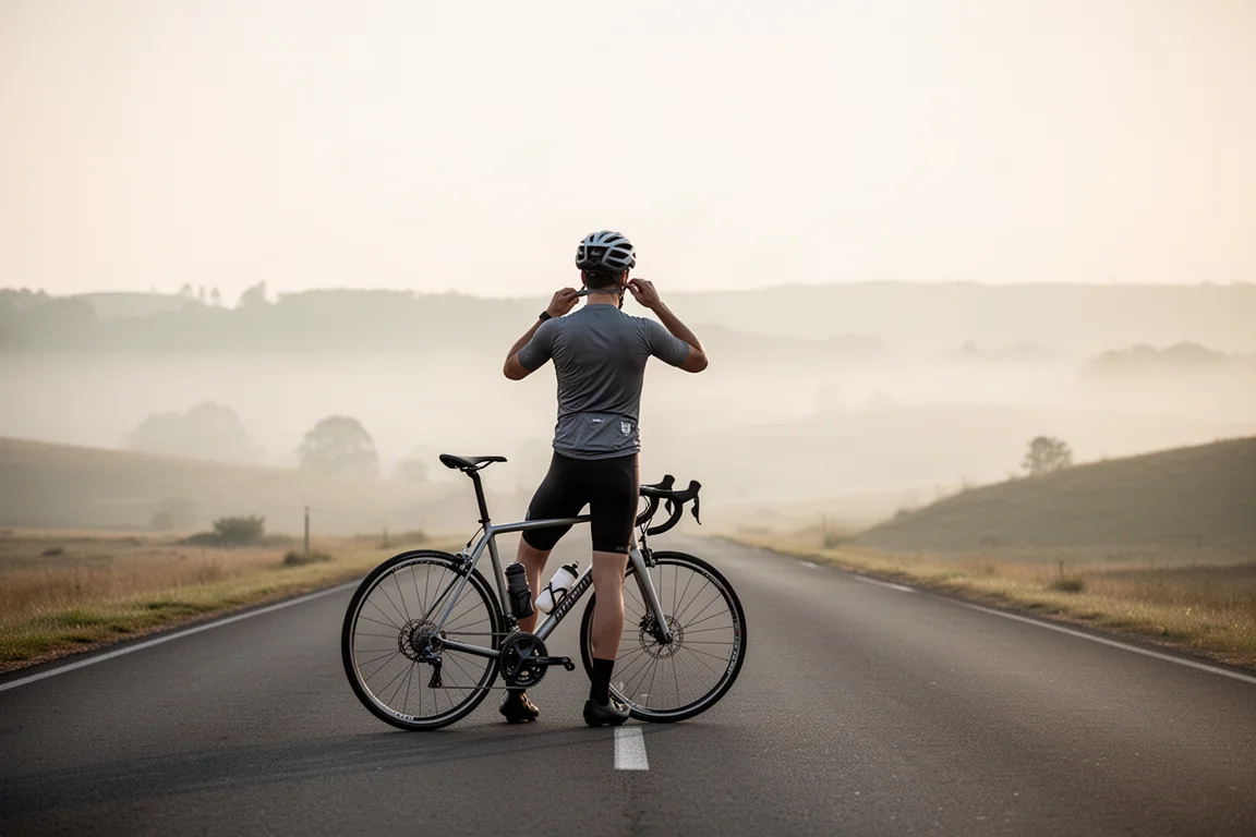 Ciclista visto desde atrás ajustándose el casco junto a una bici de carretera en una carretera vacía por la mañana