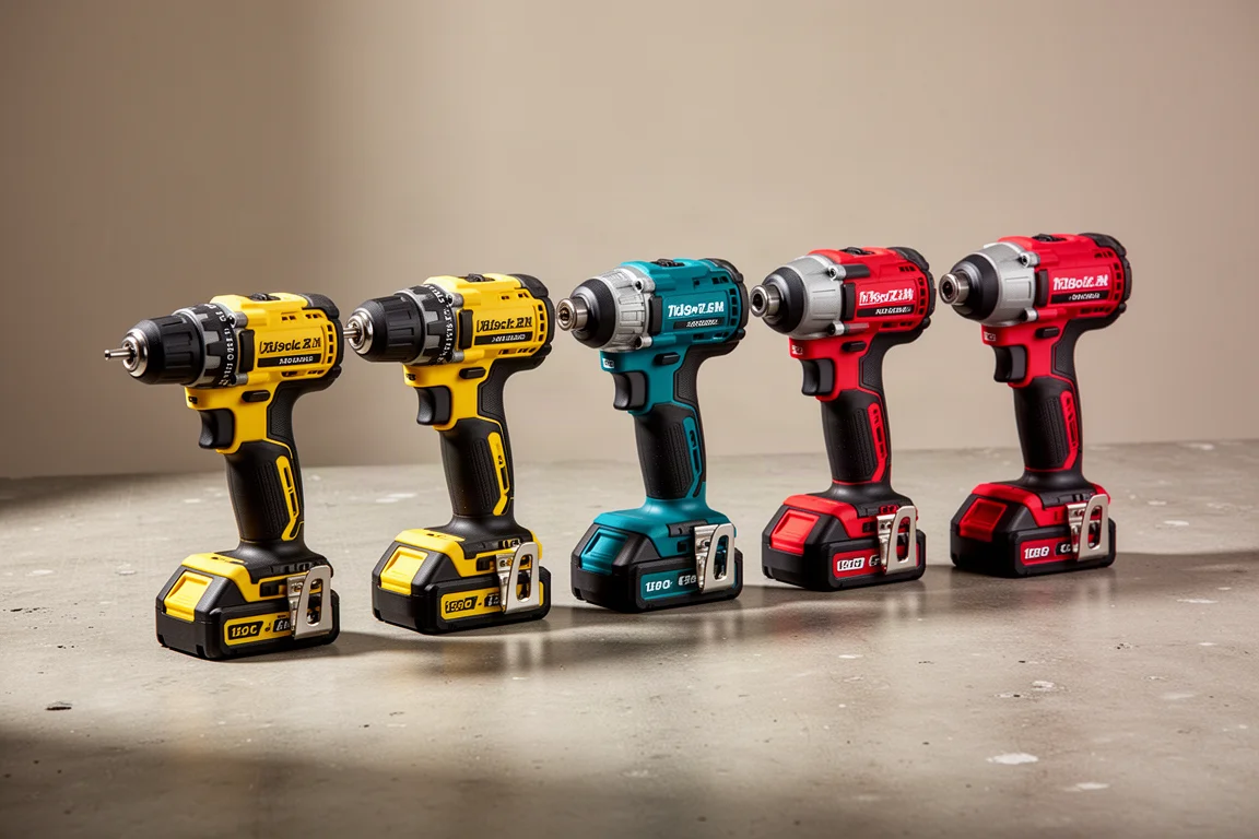 Six cordless drills and impact drivers from DeWalt, Makita, and Milwaukee lined up on a concrete surface