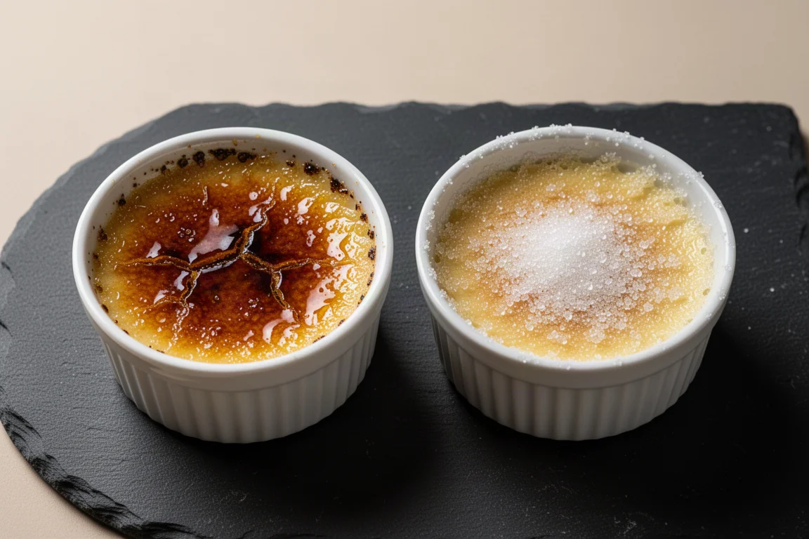 Dwa kremy brulee obok siebie, widoczna różnica w kolorze karmelizacji