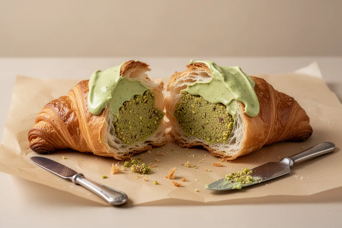 Rozdarty rogalik z pastą pistacjową na papierze do pieczenia