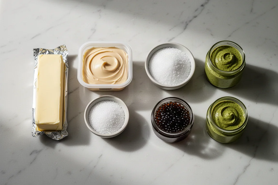 Paired baking ingredients including butter, sugar, caviar jars, and pistachio spreads on marble