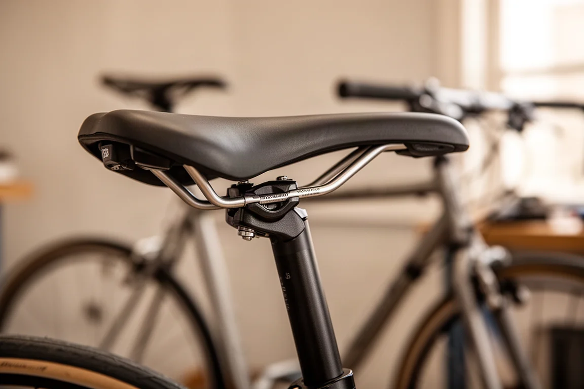 Primo piano della giunzione dei binari di una sella per bici serrata al reggisella