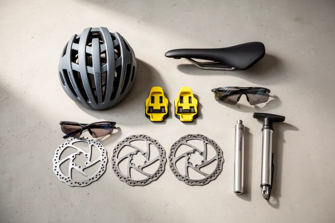 Overhead flat-lay of mixed cycling components on a pale concrete surface