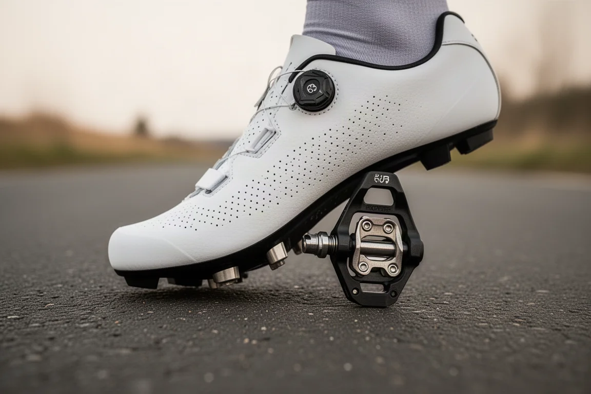 Close-up of a road cycling shoe engaging a road pedal on dark tarmac