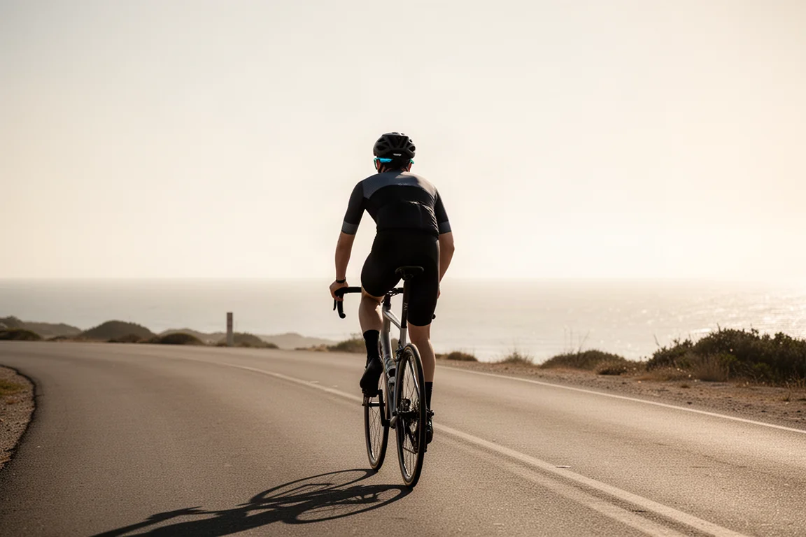 Cyclist riding a road bike in bright sun on an open coastal road