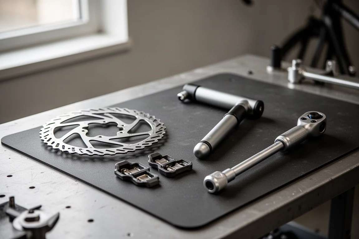 Bicycle workshop bench with rotor, cleats, pump, and torque wrench laid out
