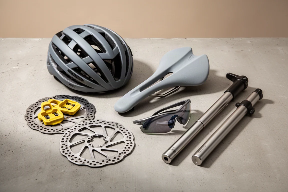 Cycling helmet, saddle, cleats, rotors, sunglasses and frame pumps arranged on concrete