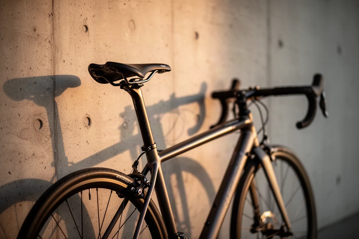 Bicicleta de carretera apoyada contra una pared de hormigón a la hora dorada, sillín enfocado