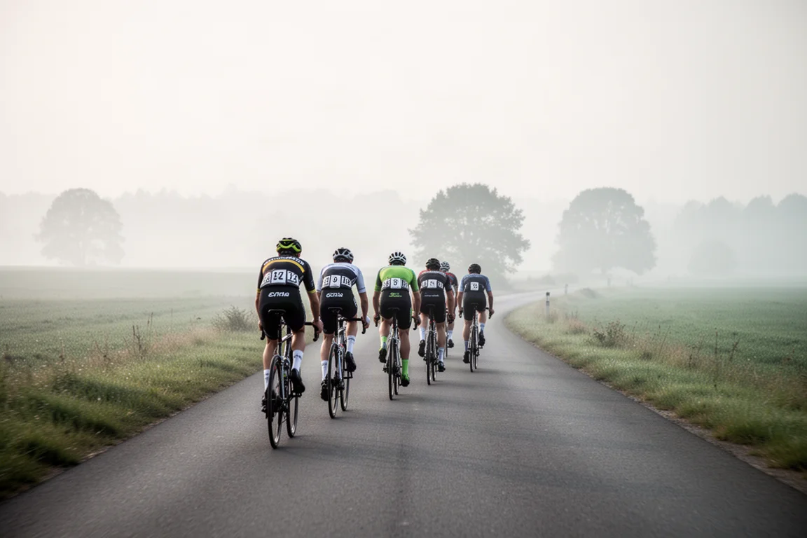 Grupo de ciclistas de carretera rodando en fila por una carretera abierta en la neblina matinal
