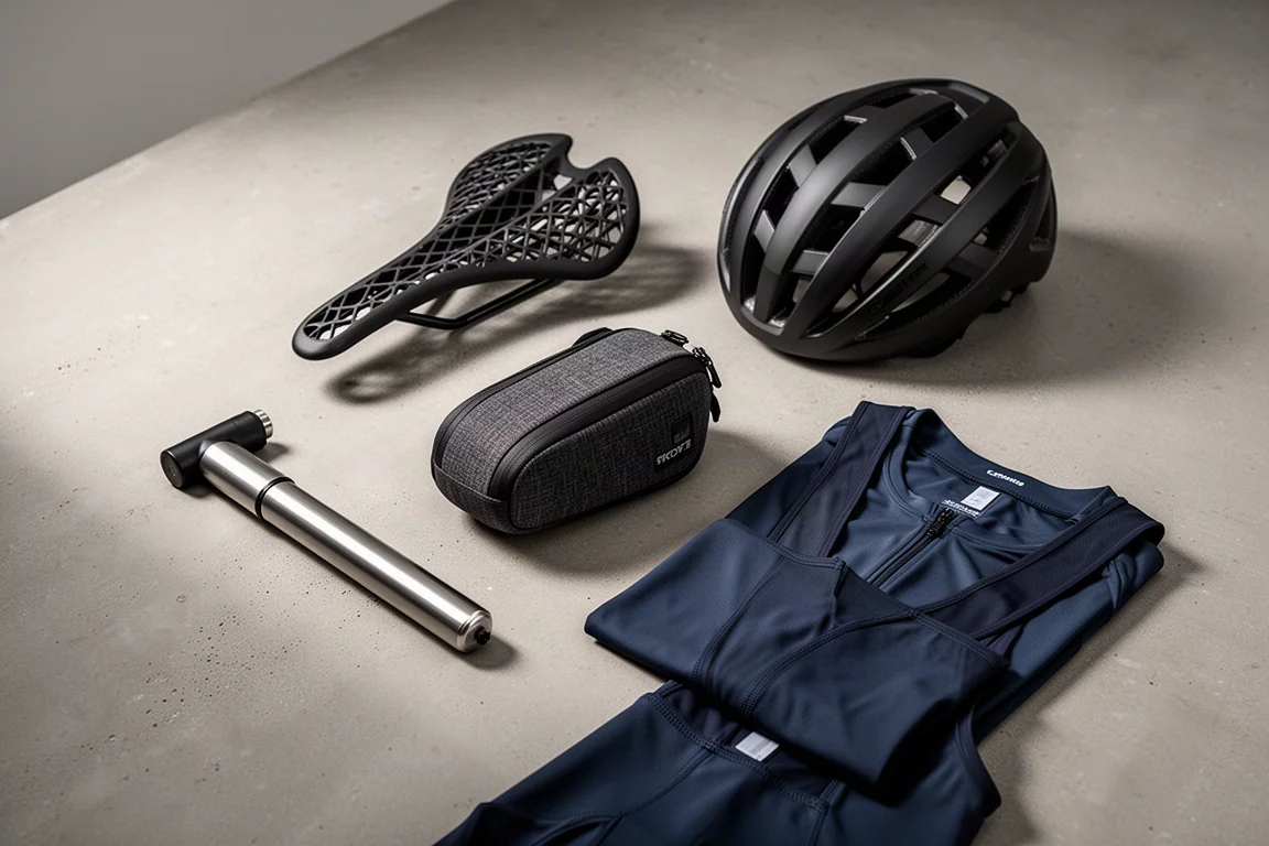 Five genuine cycling products arranged on a matte concrete surface