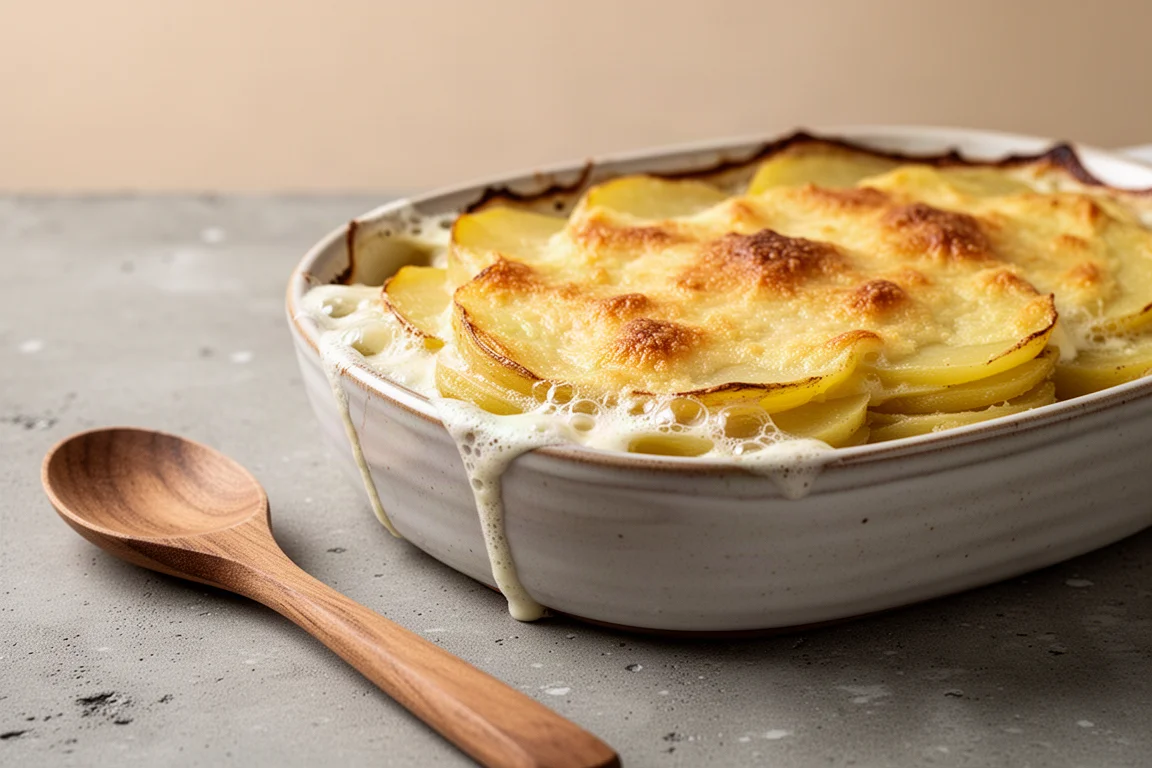 Creamy potato dauphinois in a baking dish with a golden gratinated top