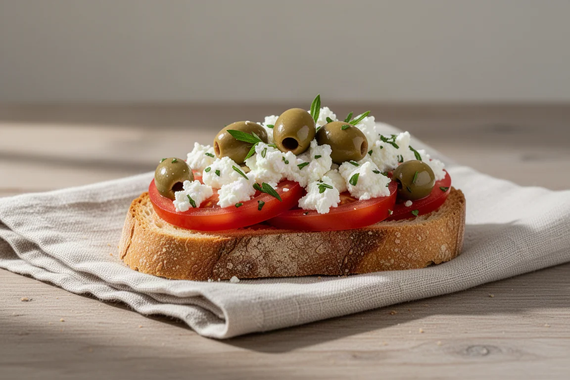 Crumbled feta cheese over tomato toast with olives on a wooden board