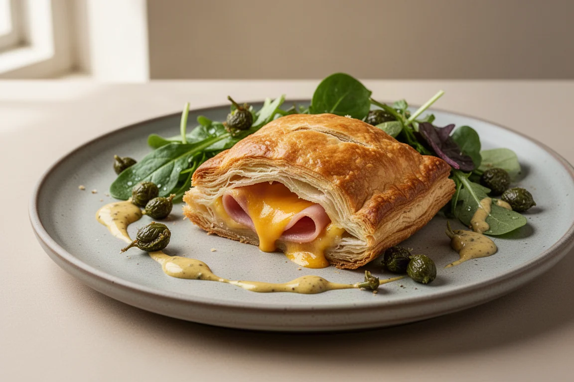 Cheddar and ham pasty served with dressed salad leaves and fried capers