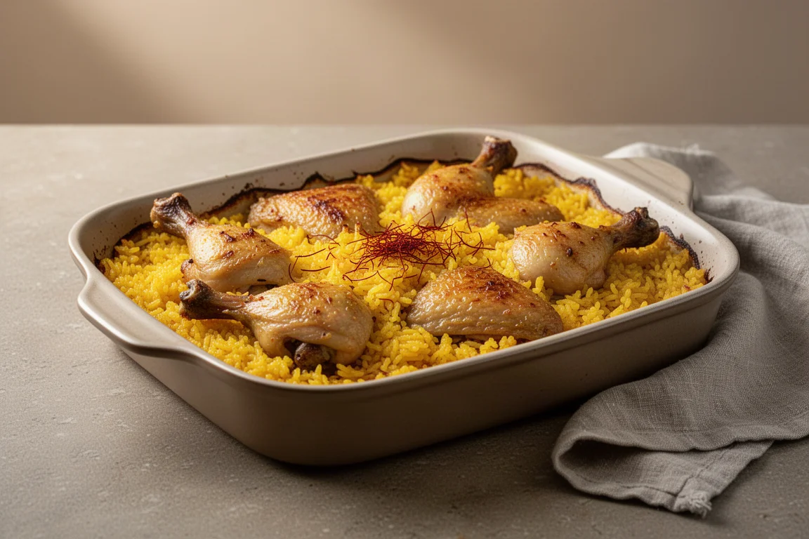Baked saffron rice with chicken wings in a shallow baking dish