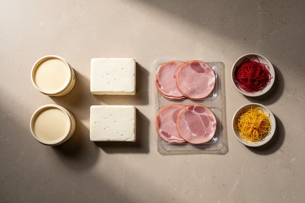 Flat-lay of four pairs of grocery items including cream pots, cheese, ham and saffron on stone surface