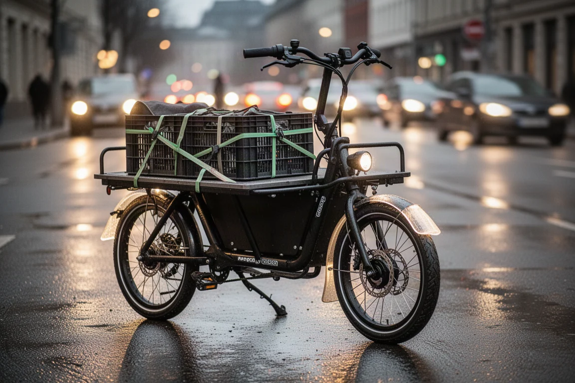 Kompaktowy cargo bike z załadowaną przednią platformą zaparkowany na miejskiej ulicy o zmierzchu