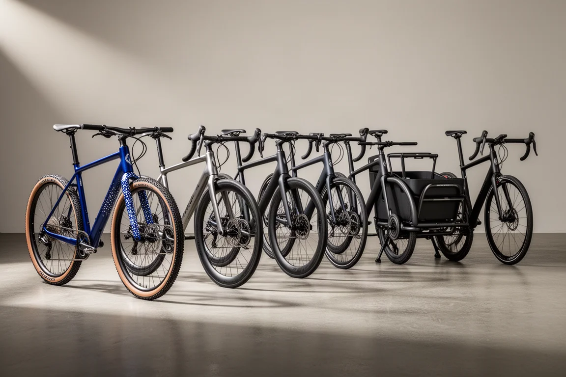 Rij gravel-, race- en bakfietsen op een matte betonvloer