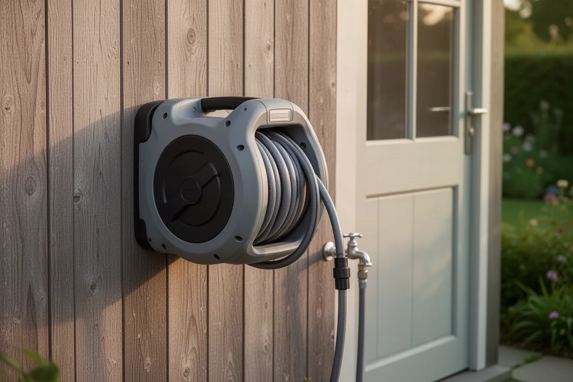 Retractable hose reel mounted on an outdoor wall with hose neatly wound