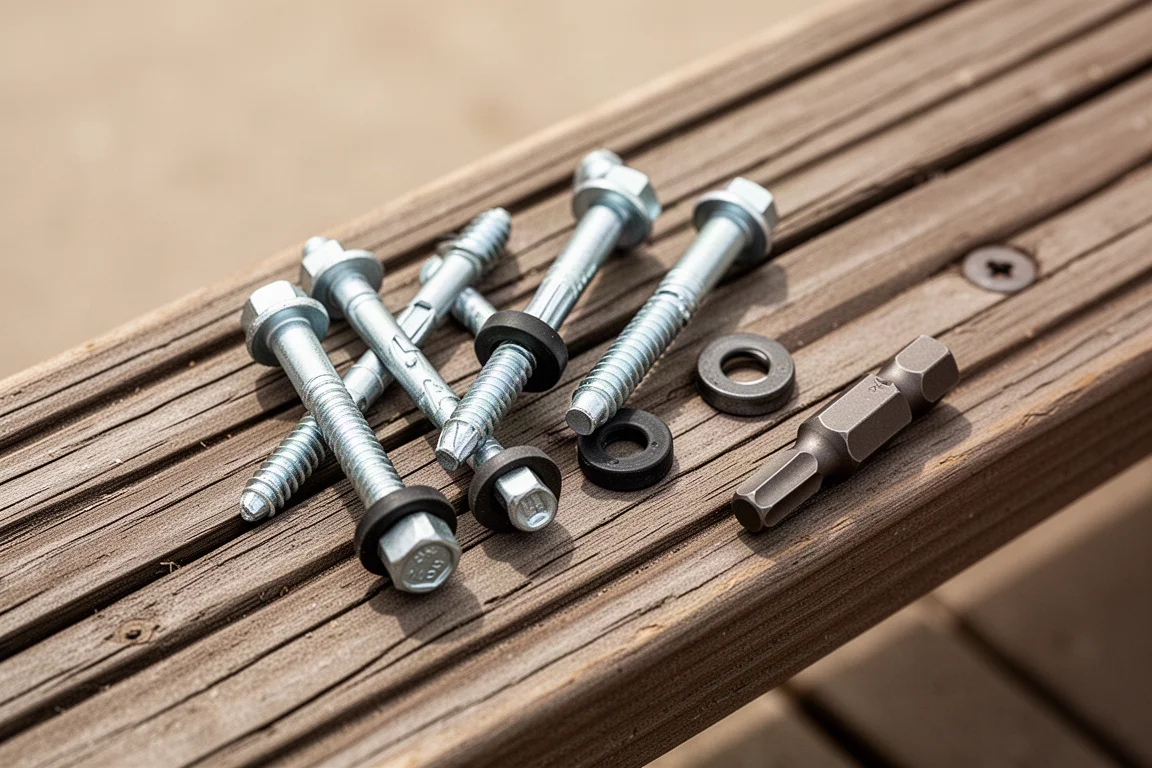 Metal lag bolts and washers laid out on wood before installation