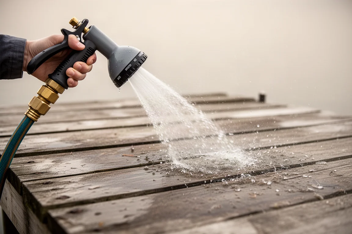 Spray nozzle Jetting a high-pressure stream across a wooden dock