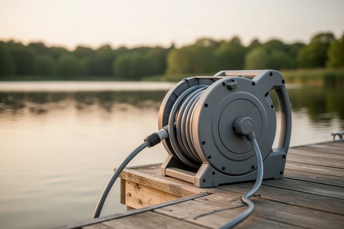 Hose reeling itself back into the reel at a lakeside dock